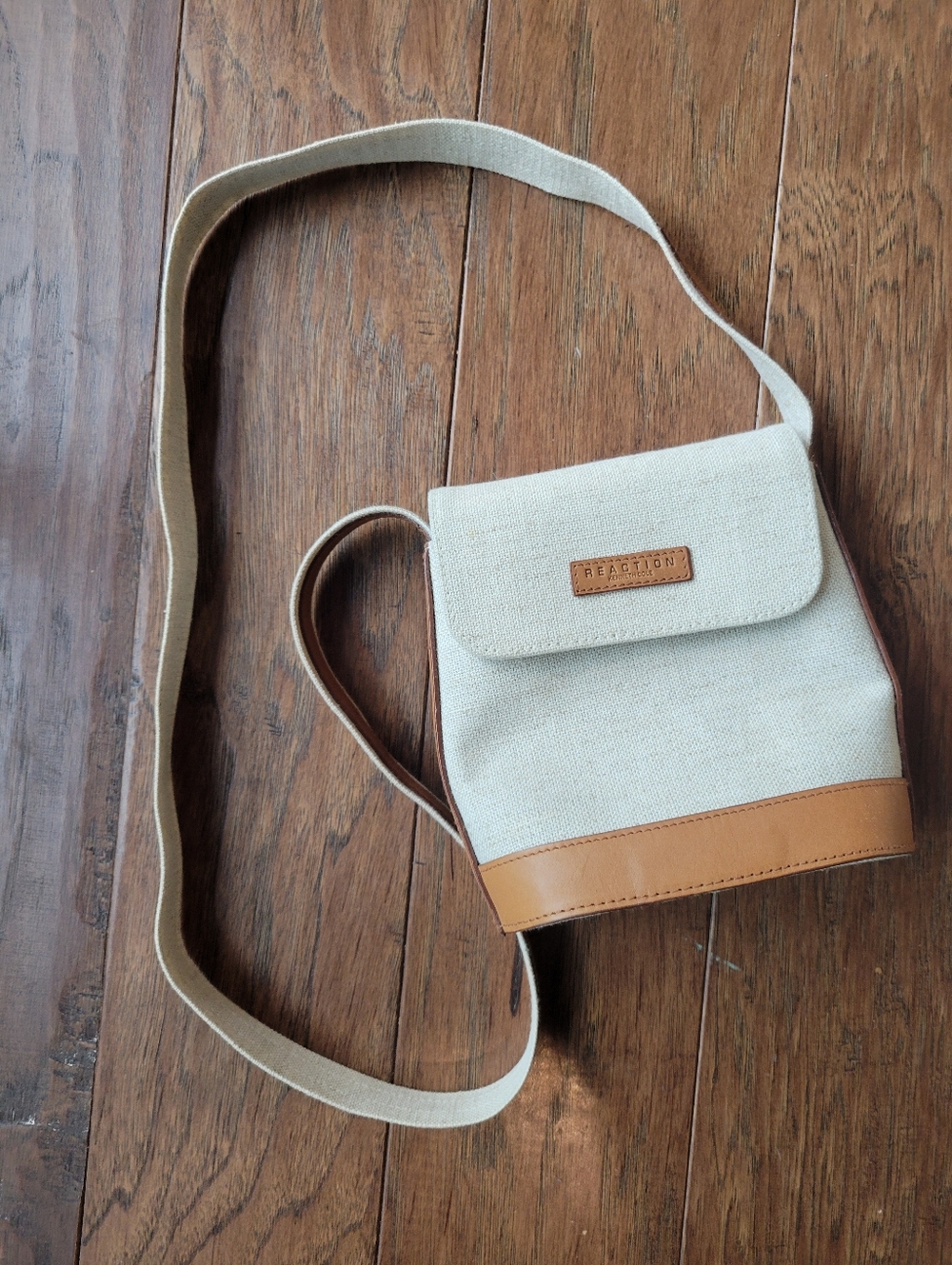 Kenneth Cole Reaction Cream Canvas Crossbody with Tan Leather Trim Accent